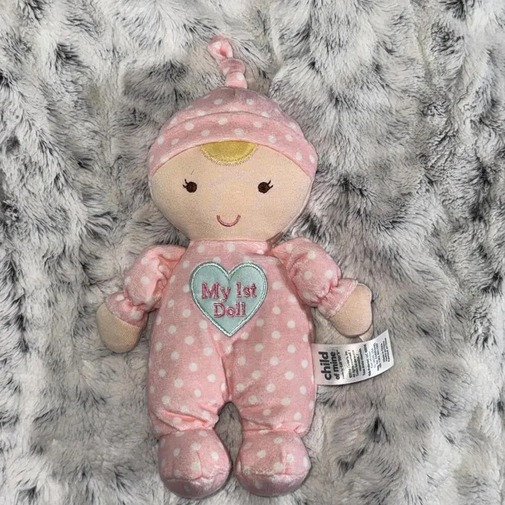 Carters Child‎ Of Mine MY 1st DOLL Rattle Plush Pink Polka Dot Blonde Baby Lovey